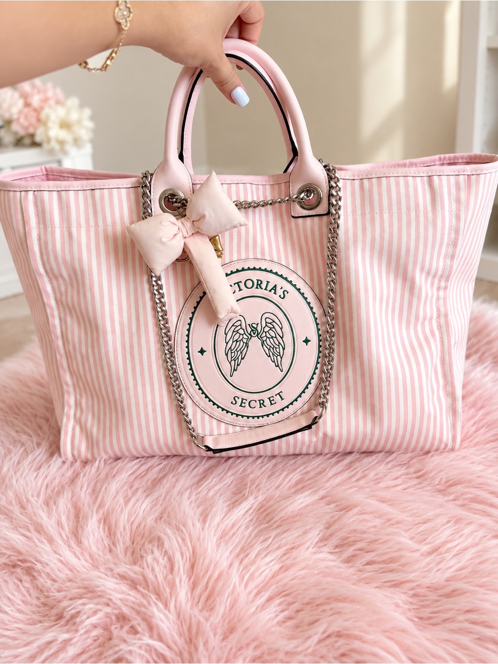 Victoria's Secret Pink Striped Tote with Bow Accent